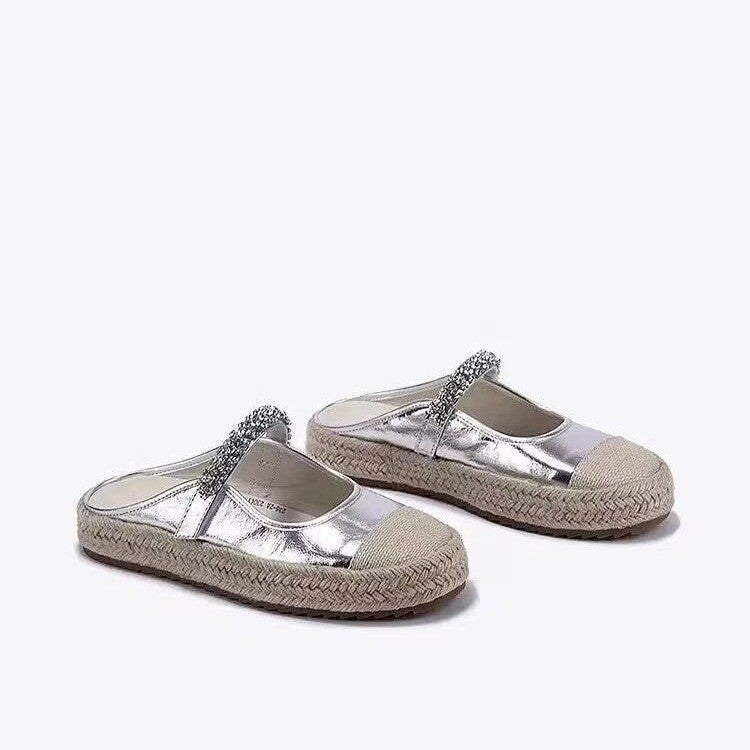 Summer Flat Round Toe Rhinestone Straw Woven Casual Half Slippers