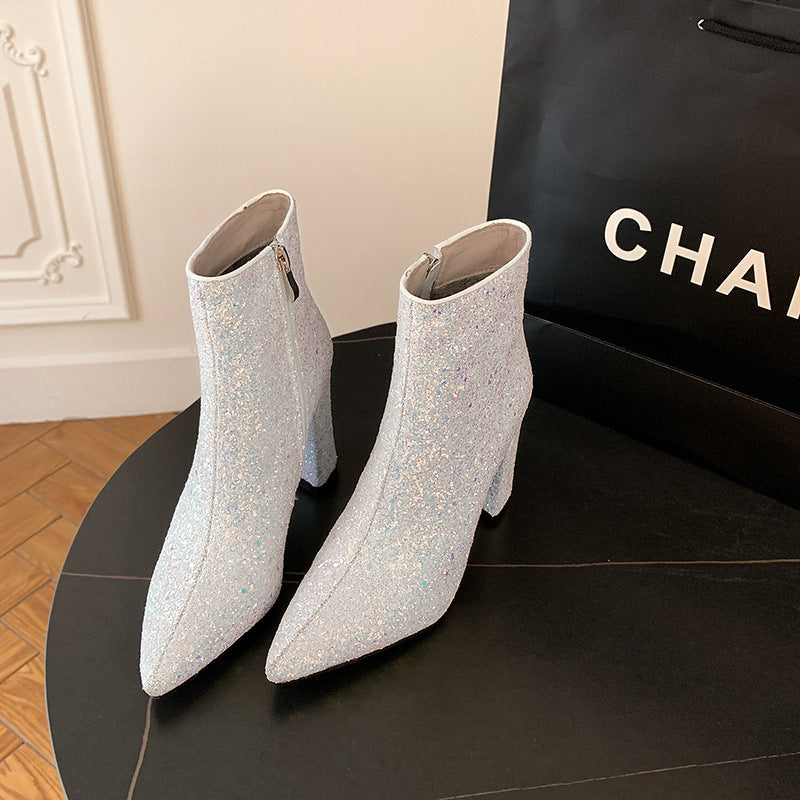 Pointed Toe Chunky Heel Sequined Fashion Women's Boots