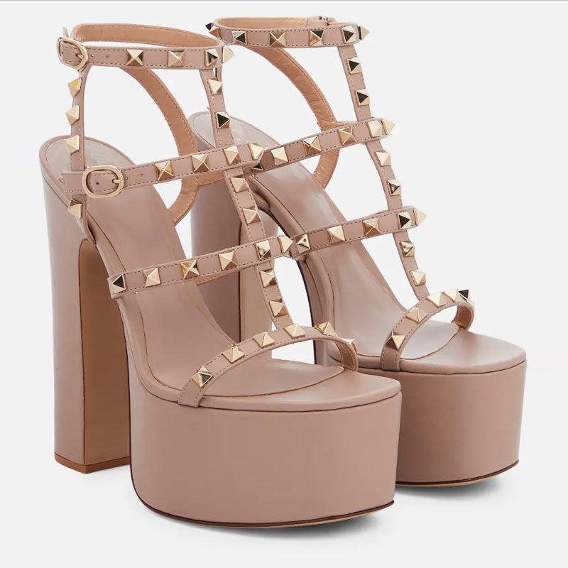 Rivets Round Toe Strap Waterproof Platform Thick Heel Super High Sandals