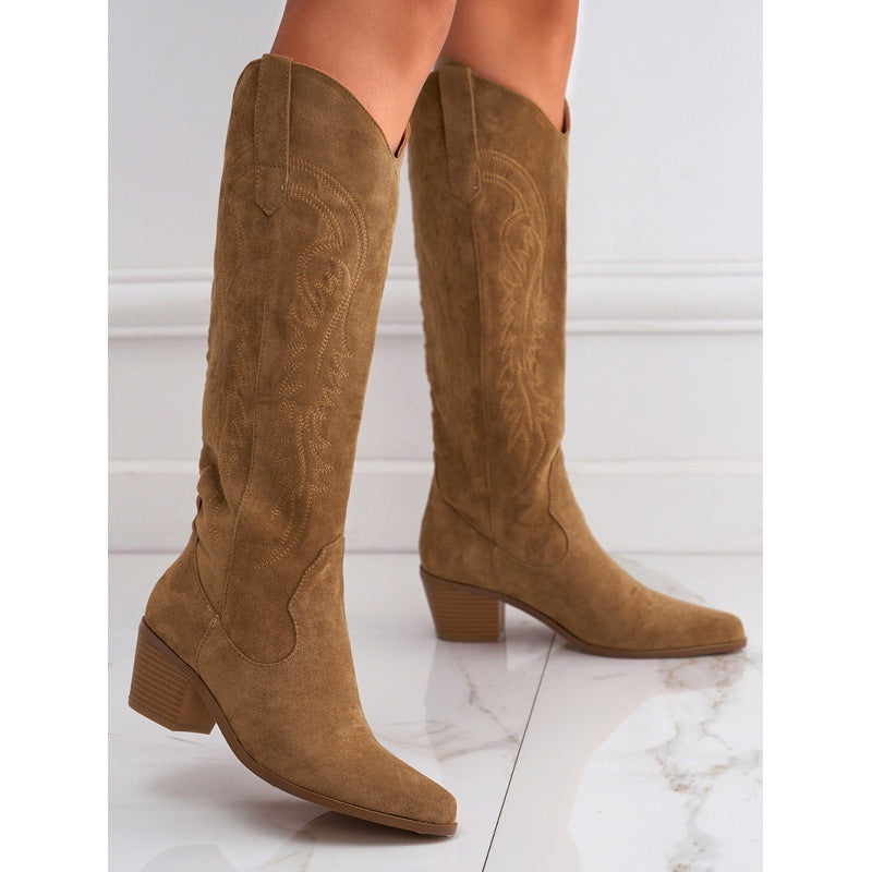 Chunky Heel Knee-high Embroidery Slip-on Middle Boots