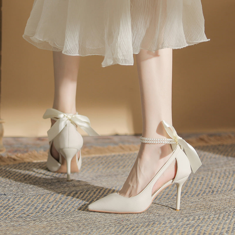 Bow Temperament With Skirt Bridesmaid Stiletto Heel White Thin Shoes