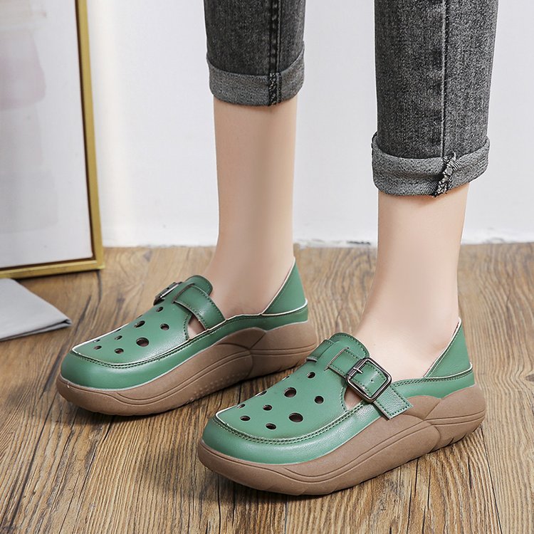 Retro Color Matching Hollow Out Sandals Women's Shoes Two-way Hole Shoes Casual Pumps Platform