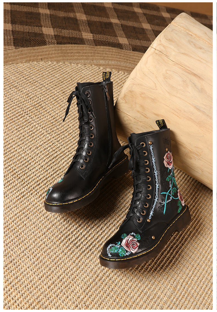 Women's Round Toe Mid Heel Martin Side Zipper Muffin Bottom Booties Embroidery Ethnic Style Women's Shoes