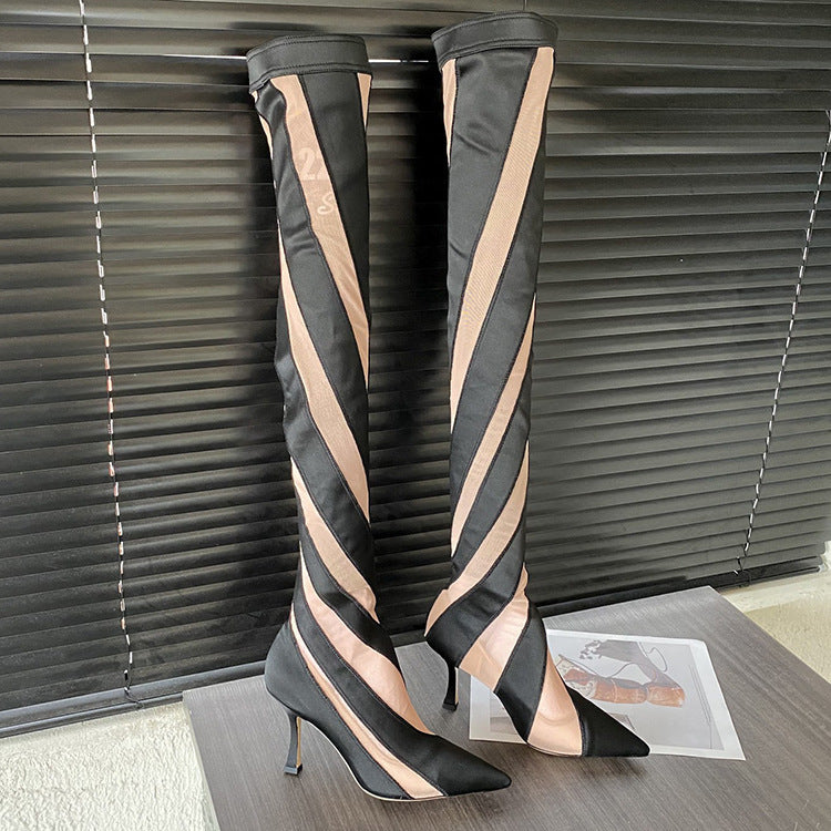 Pointed High Heel Elastic Thread Stitching Mesh Long Tube Over The Knee Boots