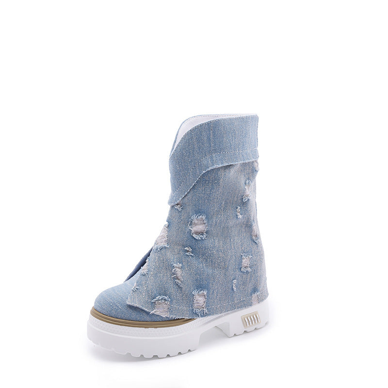 Women's Autumn And Winter New Fleece-lined Denim Leisure Boots