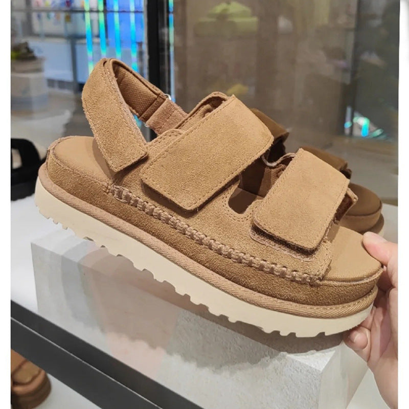 Spring And Summer New Genuine Leather Thick Bottom Strap Velcro Sandals Women's Open Toe Height Increasing