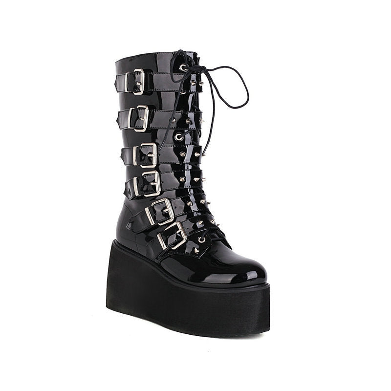 Women's British-style Platform Black Rivet Boots