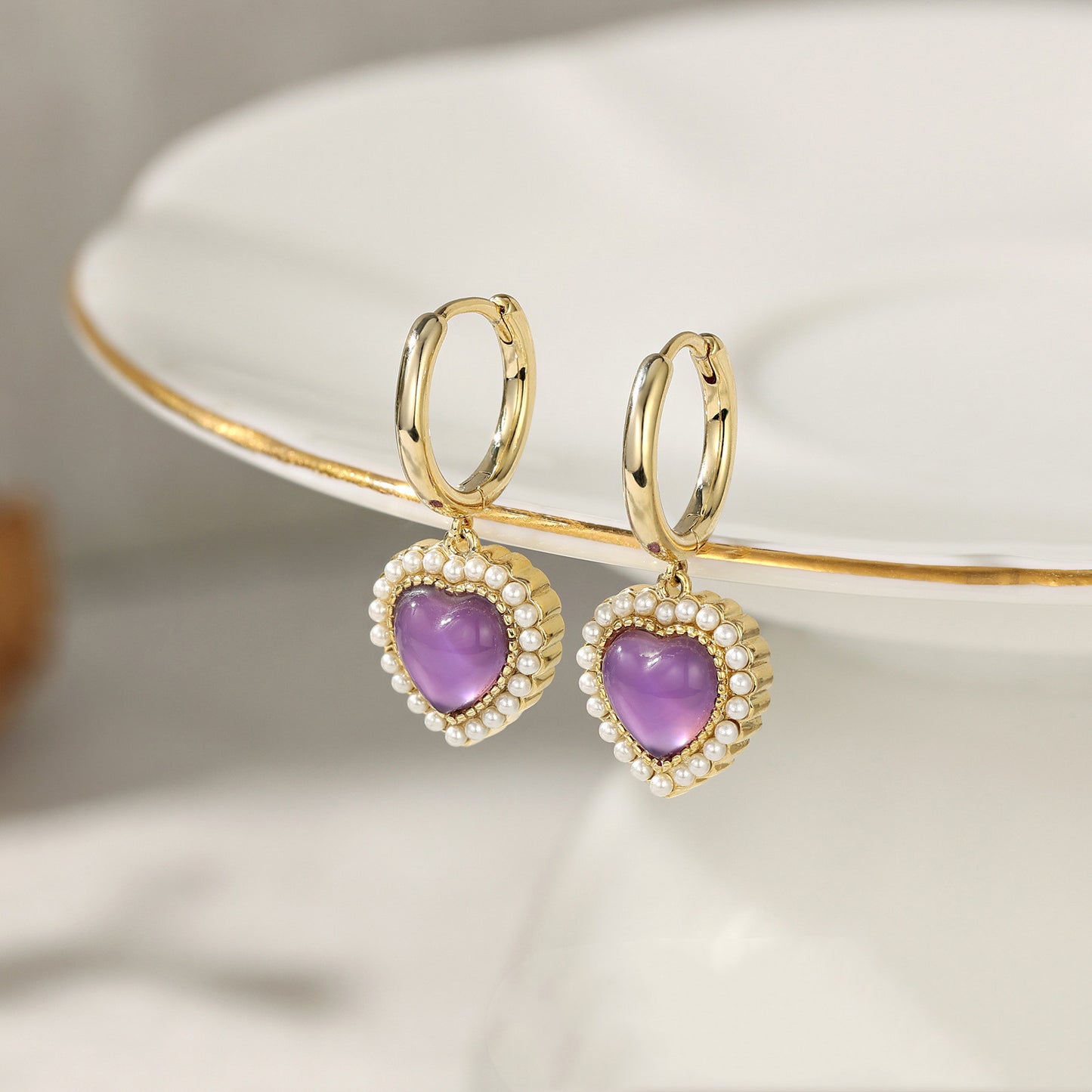 French Natural Purple Crystal Retro High Sense Love Heart Stud Earrings