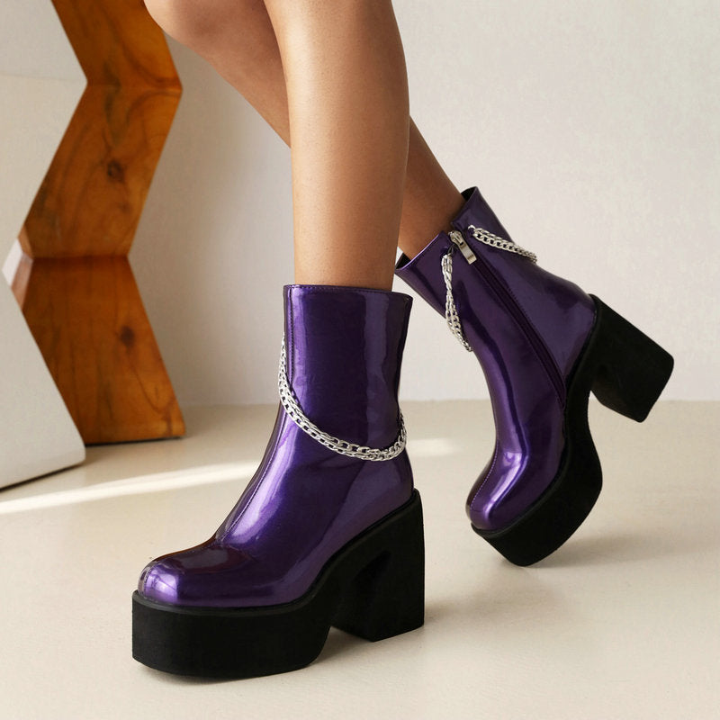 Women's Boots New Chain Martin Boots Women's Thick Heel Patent Leather