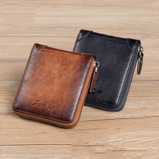 First Layer Cowhide Zipper Card Holder Driver's License Wallet Wallet