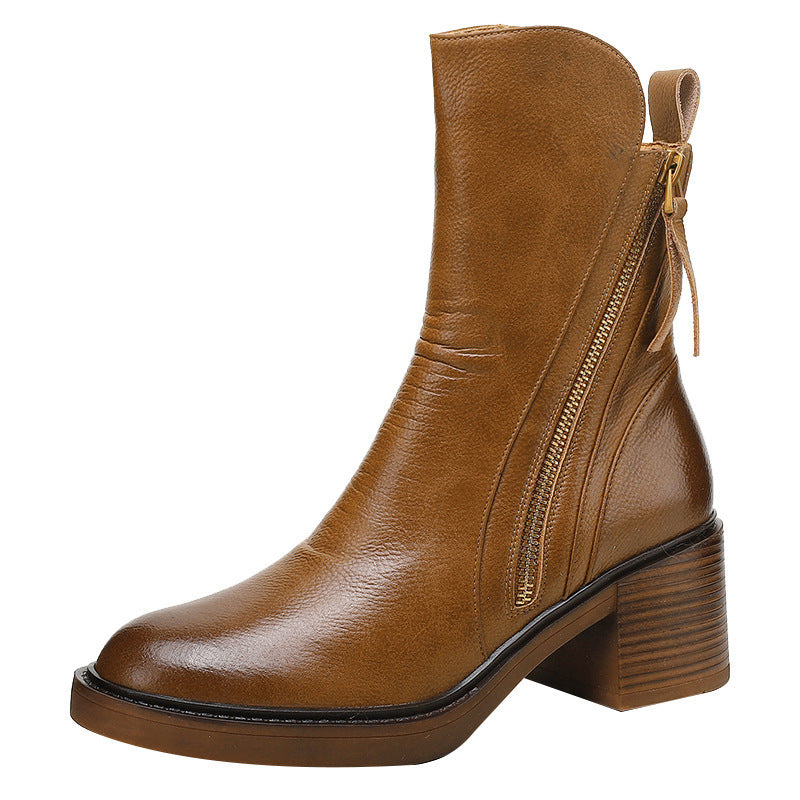 Thick Heel Brown Ankle Boots British Style Handsome