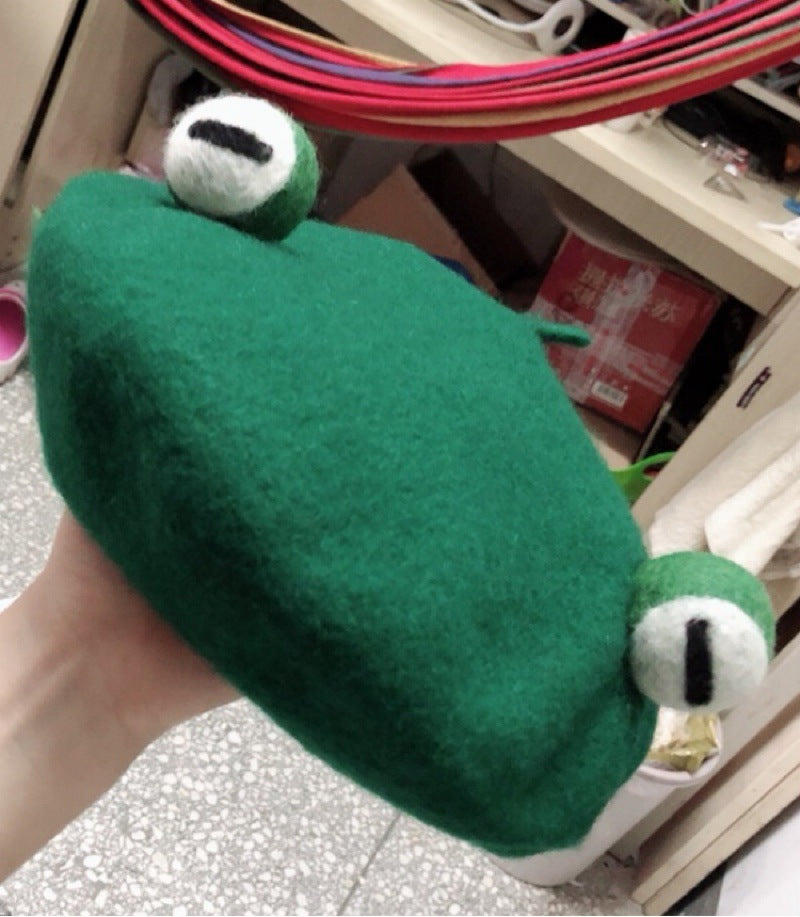 Handmade Wool Felt Cute Funny Frog Beret Forgive Green Hat Break Up Gift Green Hat