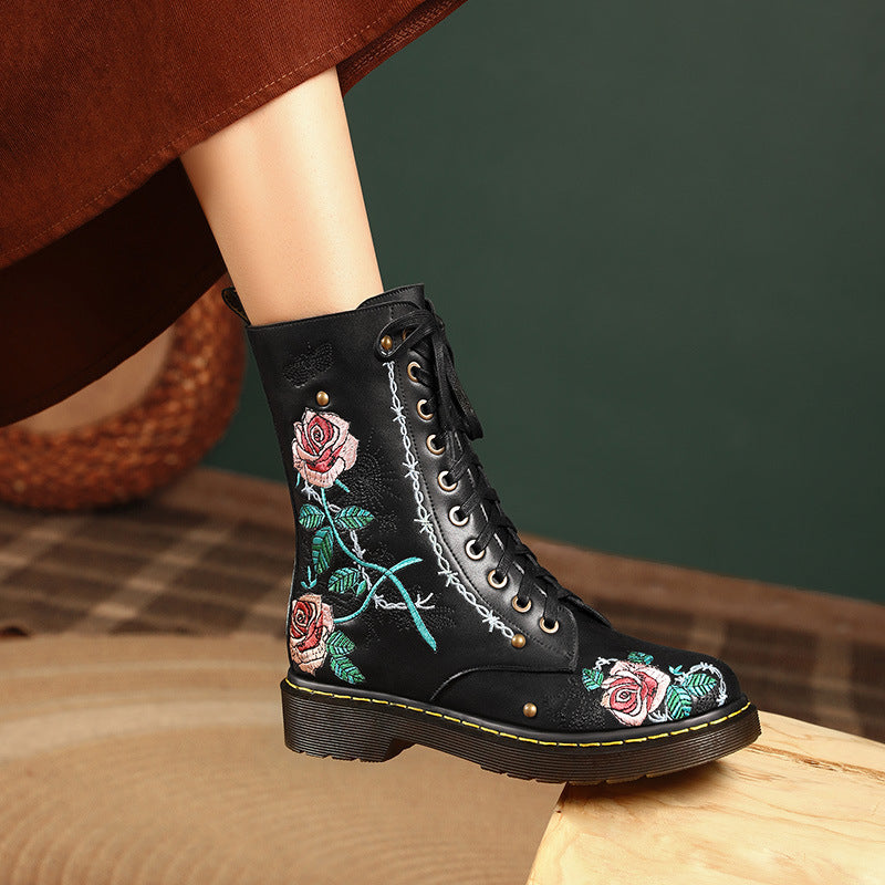 Women's Round Toe Mid Heel Martin Side Zipper Muffin Bottom Booties Embroidery Ethnic Style Women's Shoes