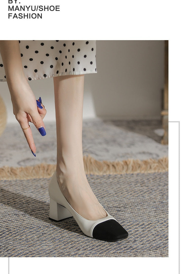 Classic Style Chunky Genuine Leather Pumps Temperament Color Matching Low-cut Mid Heel High Heels