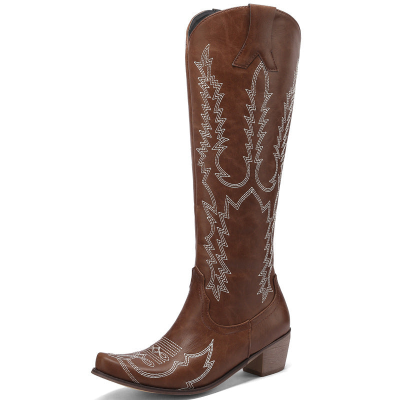 Women's Mid Heel Knee-high Boots Embroidery Vintage