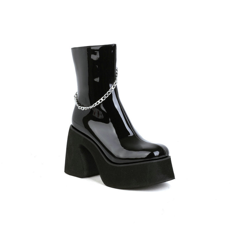 Women's Boots New Chain Martin Boots Women's Thick Heel Patent Leather