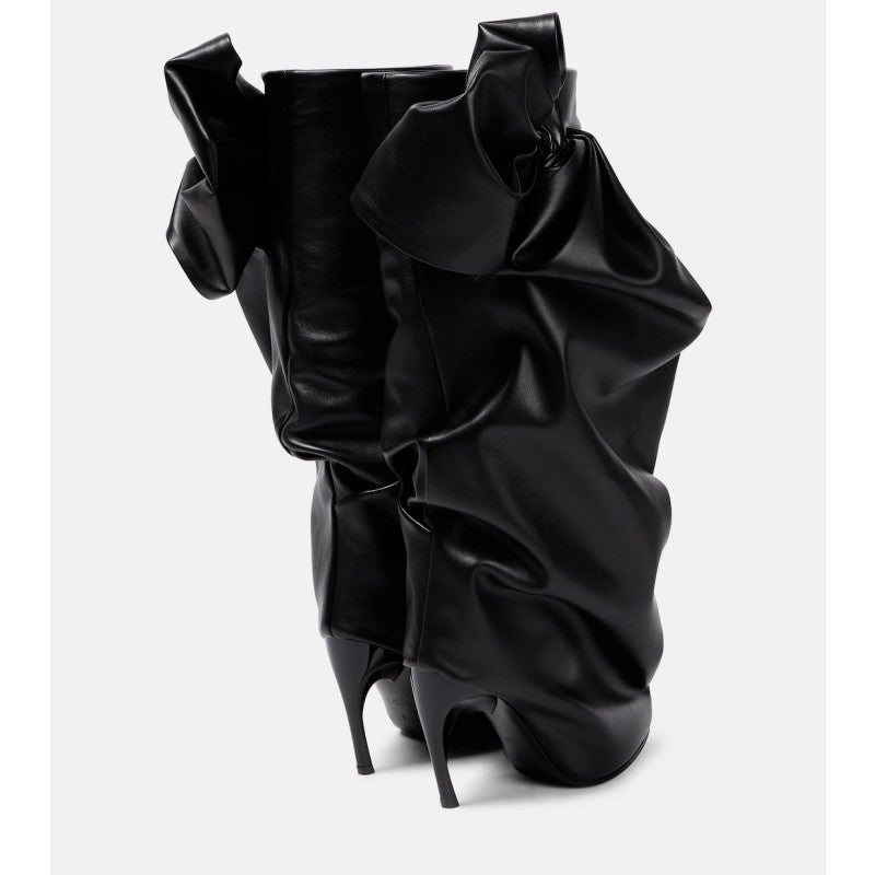 Black Bow Stitching Sleeve Pleated Special-shaped High Heel Women's Boots