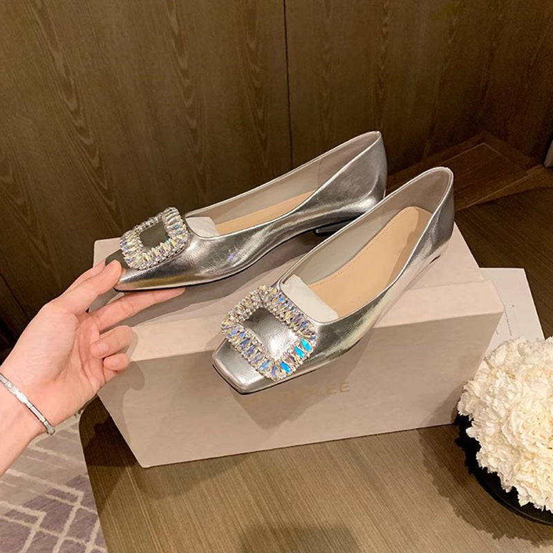 Rhinestone Square Toe Low-cut Silver Flat Bottom Pumps