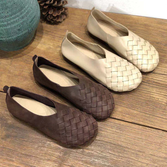 Retro Round Toe Flat Bottom Soft Cowhide Woven Women's Shoes