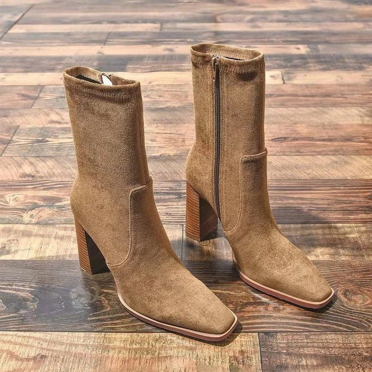 Short Boots Thick Heel Stretch Thin Boots Brown Boots