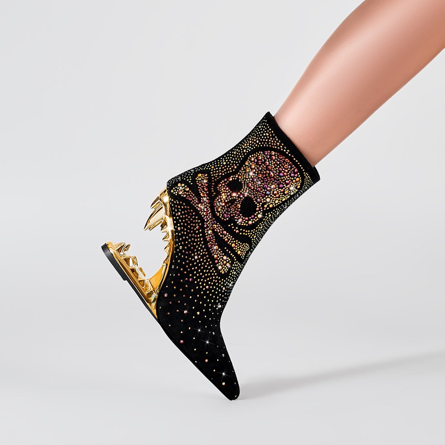 Pointed Toe Rhinestone Tiger Tooth Profiled Heel Skull Booties