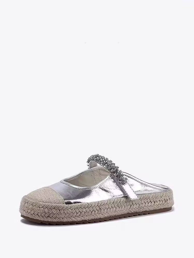 Summer Flat Round Toe Rhinestone Straw Woven Casual Half Slippers