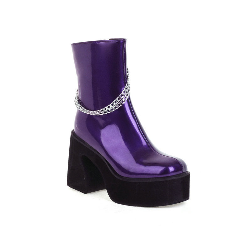 Women's Boots New Chain Martin Boots Women's Thick Heel Patent Leather