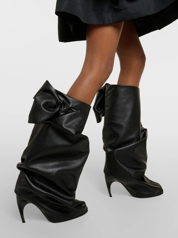 Black Bow Stitching Sleeve Pleated Special-shaped High Heel Women's Boots