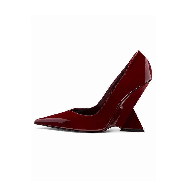 Summer New High Heel Chunky Heel Patent Leather Low-cut Pointed Toe Shoes