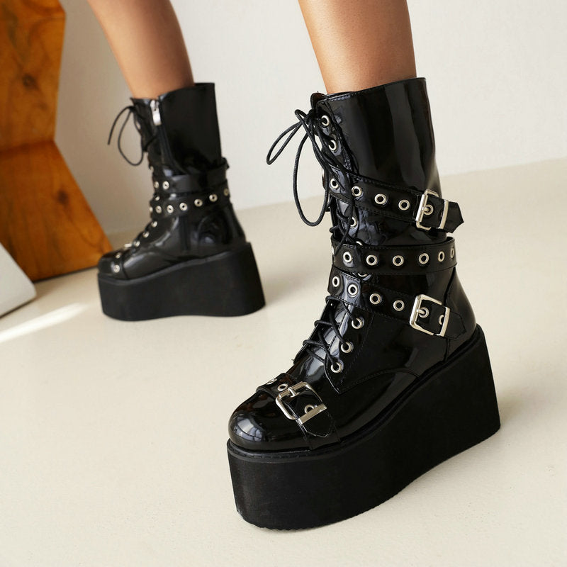 Women's British-style Platform Black Rivet Boots