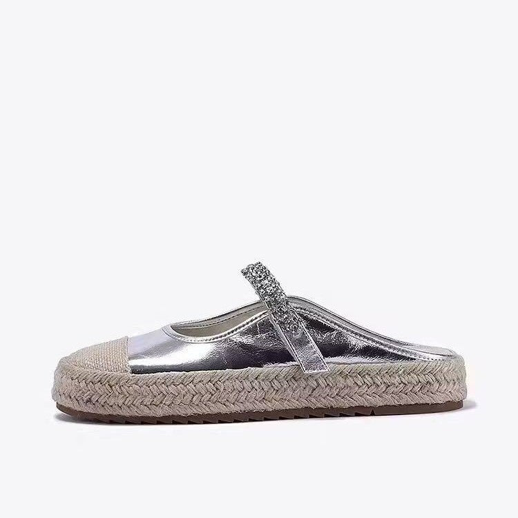 Summer Flat Round Toe Rhinestone Straw Woven Casual Half Slippers