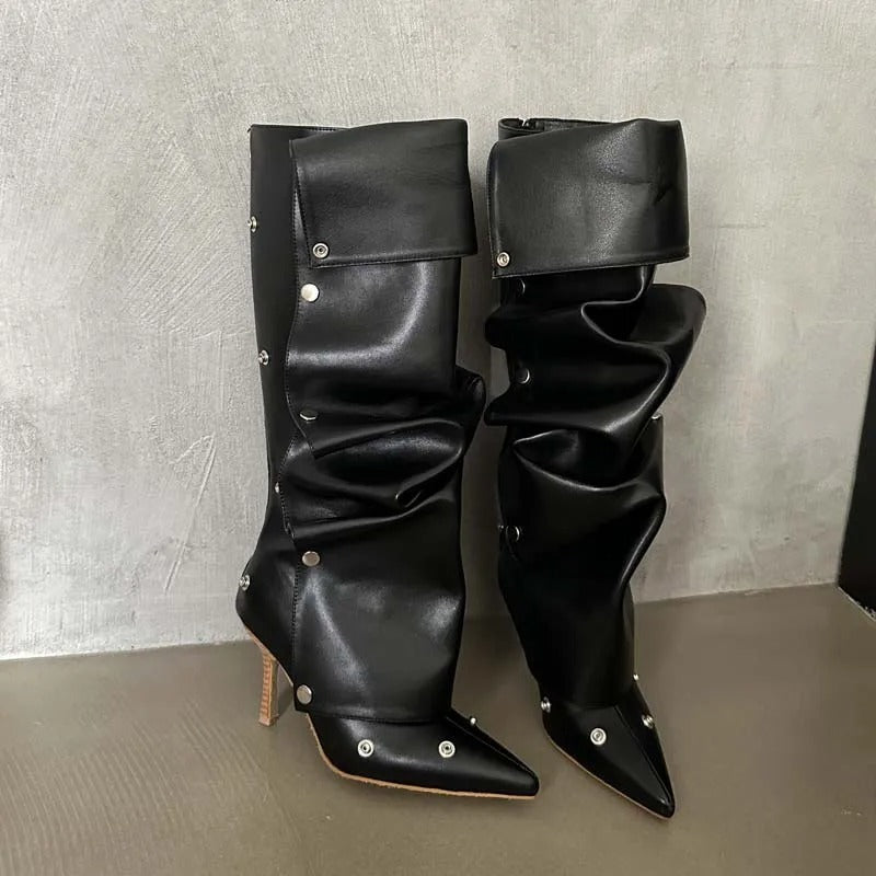 Women's Fashion Buckle Stitching Stiletto Heel Denim Pleated Pile Style Boots