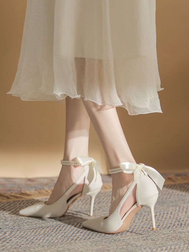 Bow Temperament With Skirt Bridesmaid Stiletto Heel White Thin Shoes