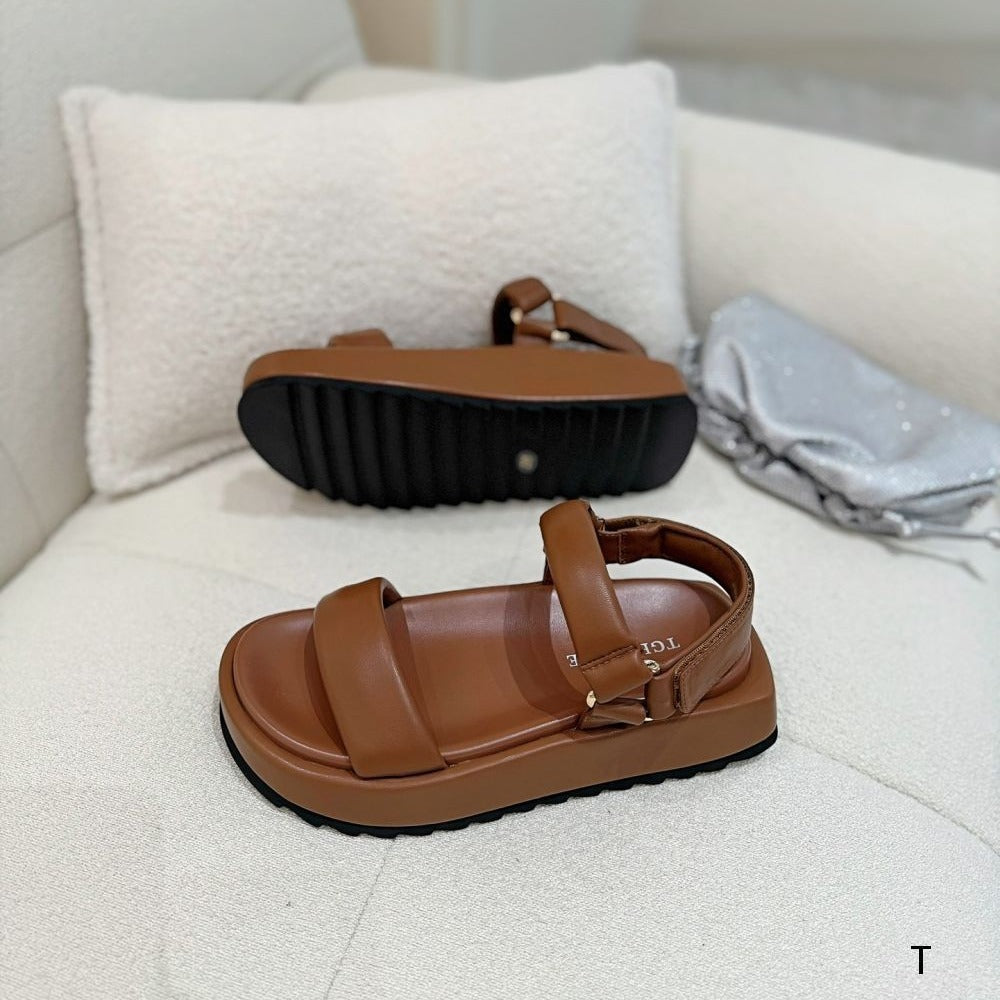 Simple Fashion Soft Tire Sheepskin Round Toe Comfortable Strap Light Platform Sandals