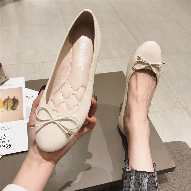 Round Toe Bowknot Low-cut Flat Bottom Pumps Women