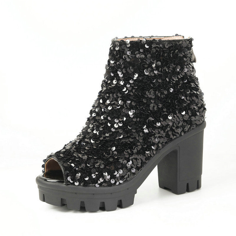 Sequin Cloth Chunky Heel Super High Zipper Stage Female Boots