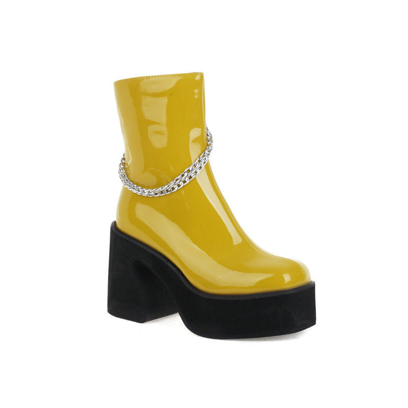 Women's Boots New Chain Martin Boots Women's Thick Heel Patent Leather