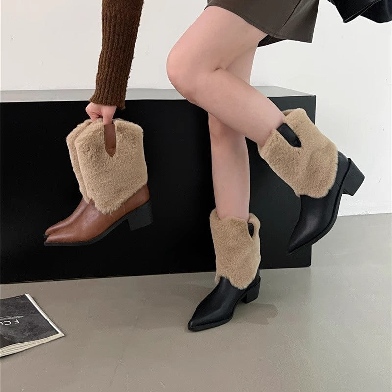 Velvet Thermal Booties Women's Pointed Toe Fashion