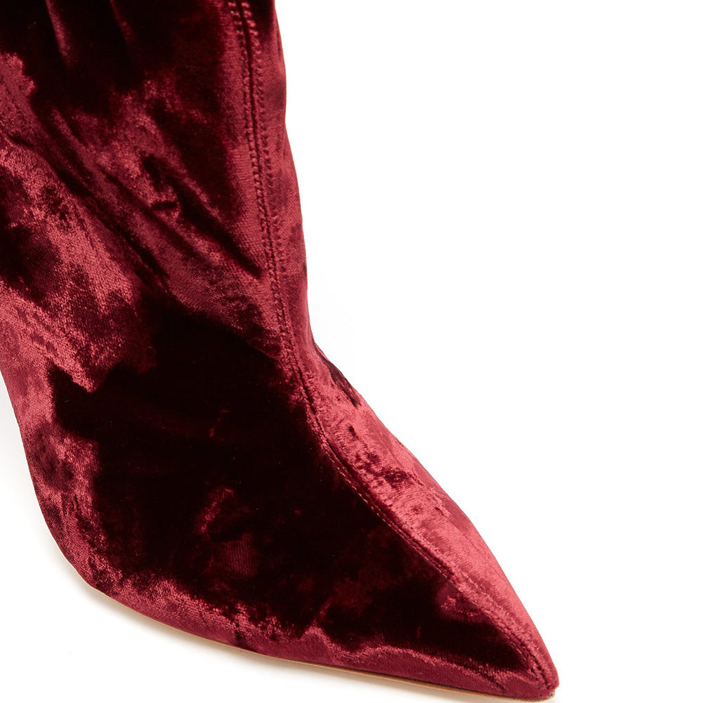 Wine Red Velvet Pointed Toe High Heel Short Ankle