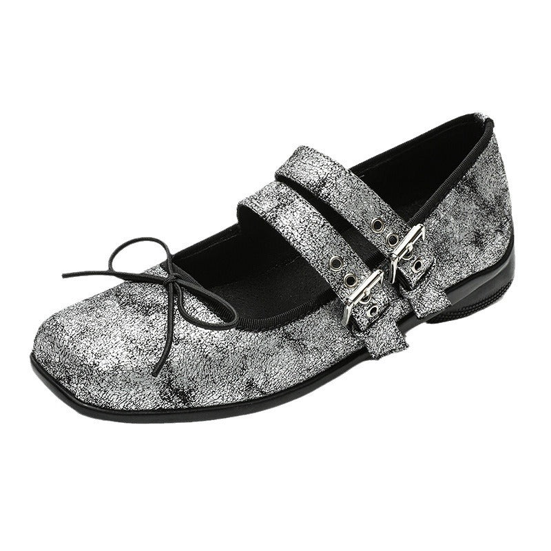 Zapatos Mary Jane de piel auténtica plateados para mujer, zapatos planos vintage con punta cuadrada