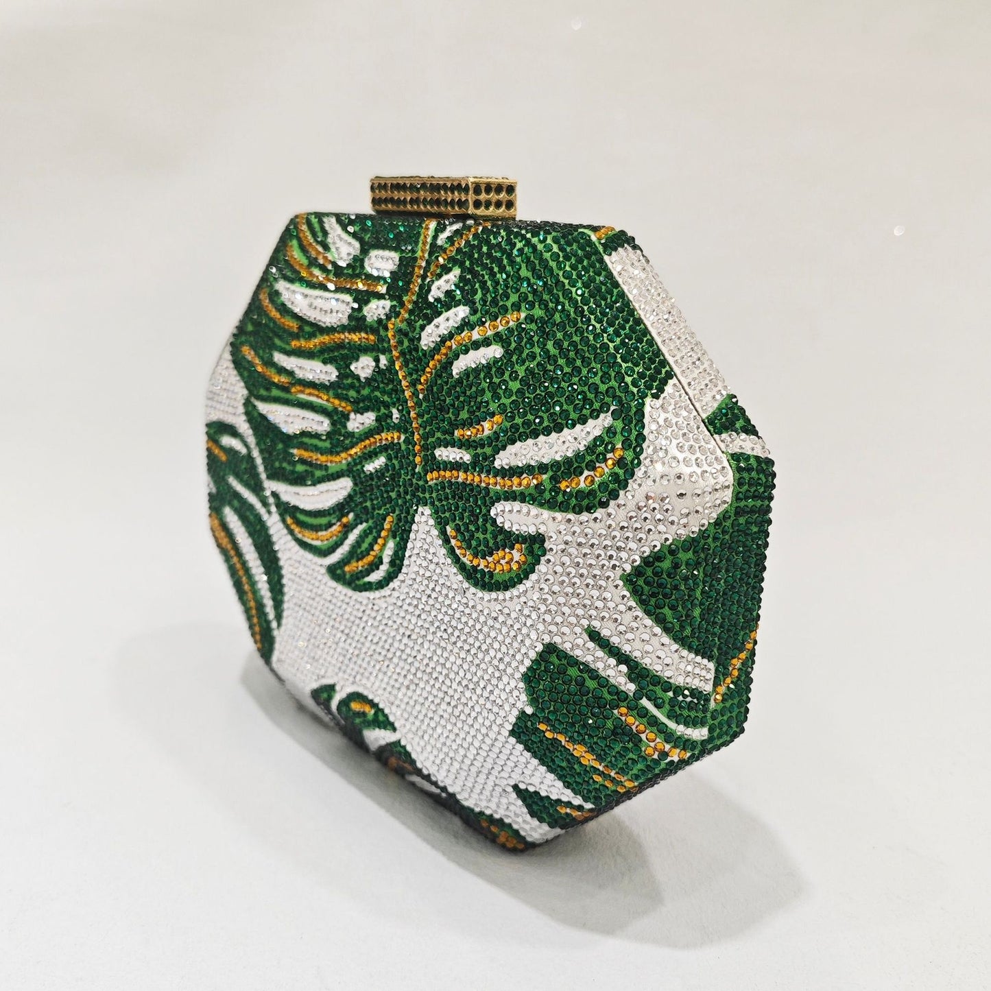 Bolso de mujer con forma de bollo de cristal al vapor con hojas verdes y diamantes de imitación