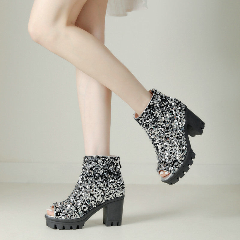 Sequin Cloth Chunky Heel Super High Zipper Stage Female Boots