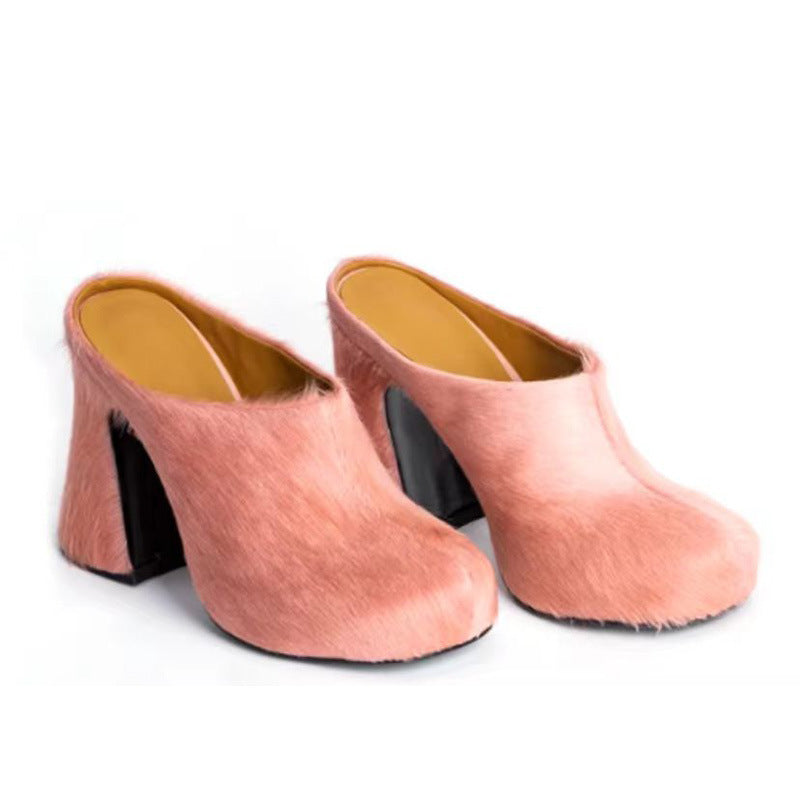 Closed Toe Horsehair Chunky Heel Waterproof Platform Slippers