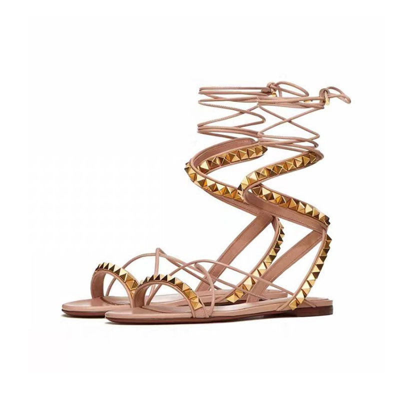 Round Toe Open Toe Cross Strap Flat Roman Style Sandals European And American Style Rivet High-cut Sandals