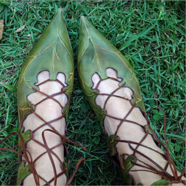 Summer Women's Flat Leaf Dress-up Lace-up Pointed Sandals