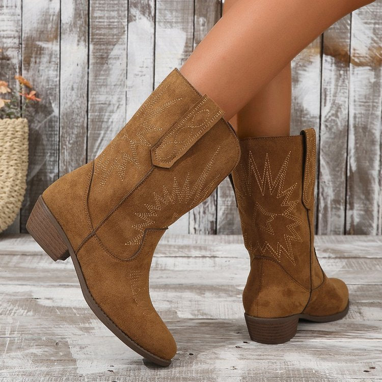 Pointed Toe Western Denim Ankle Boots Suede Chunky Heel Brown For Women