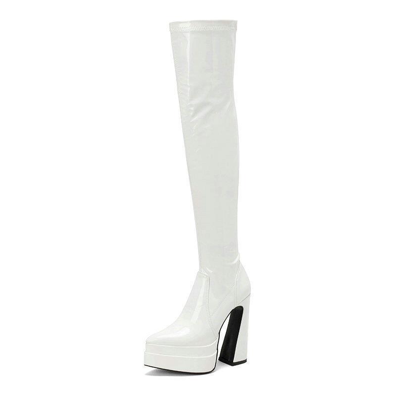 Bright Faced Thick Heeled Patent Leather Knee Boots