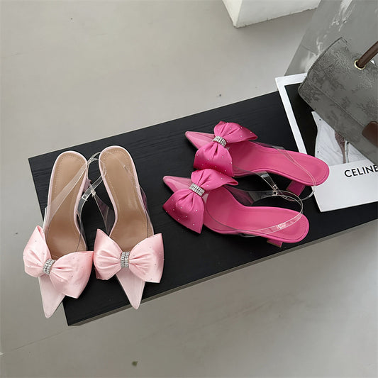 Women's Pointed Toe Rhinestone Bowknot Stiletto Heel Low-cut High Heels