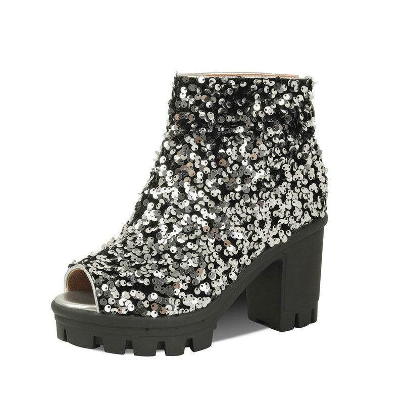 Sequin Cloth Chunky Heel Super High Zipper Stage Female Boots