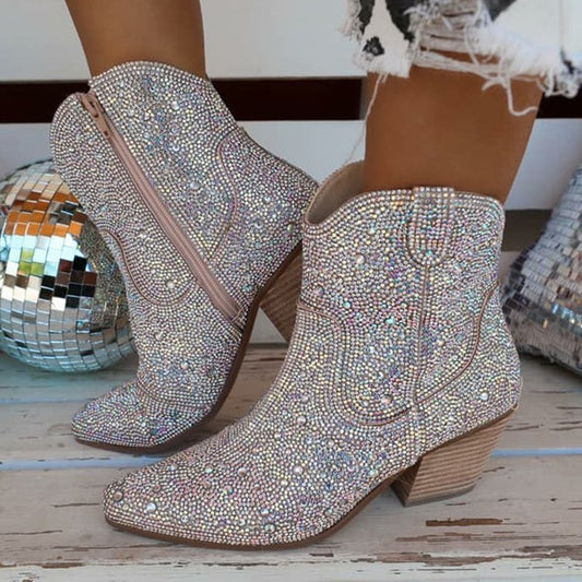 Pointed High Heel Chunky Heel Sequins Hot Rhinestone Fashion Plus Size Ankle Boots